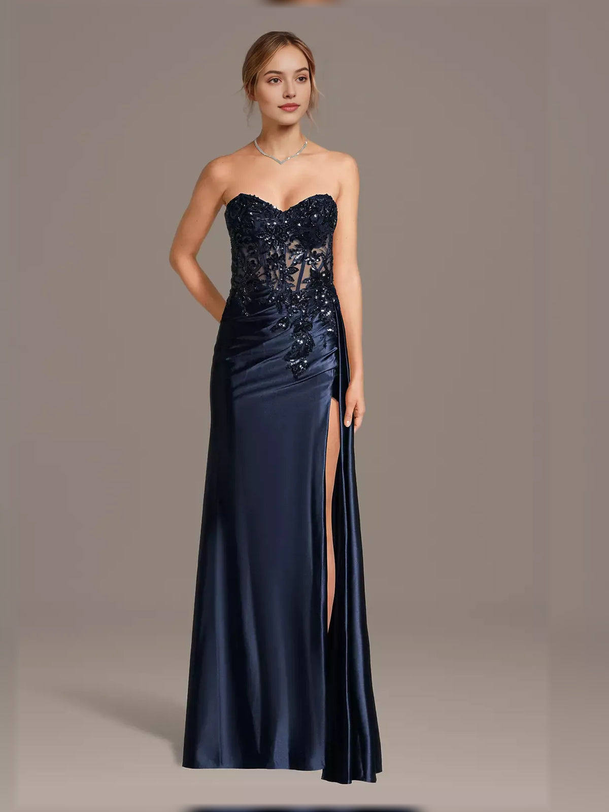 Navy Blue mermaid floor-length formal dress with corset-style bodice, alternate view