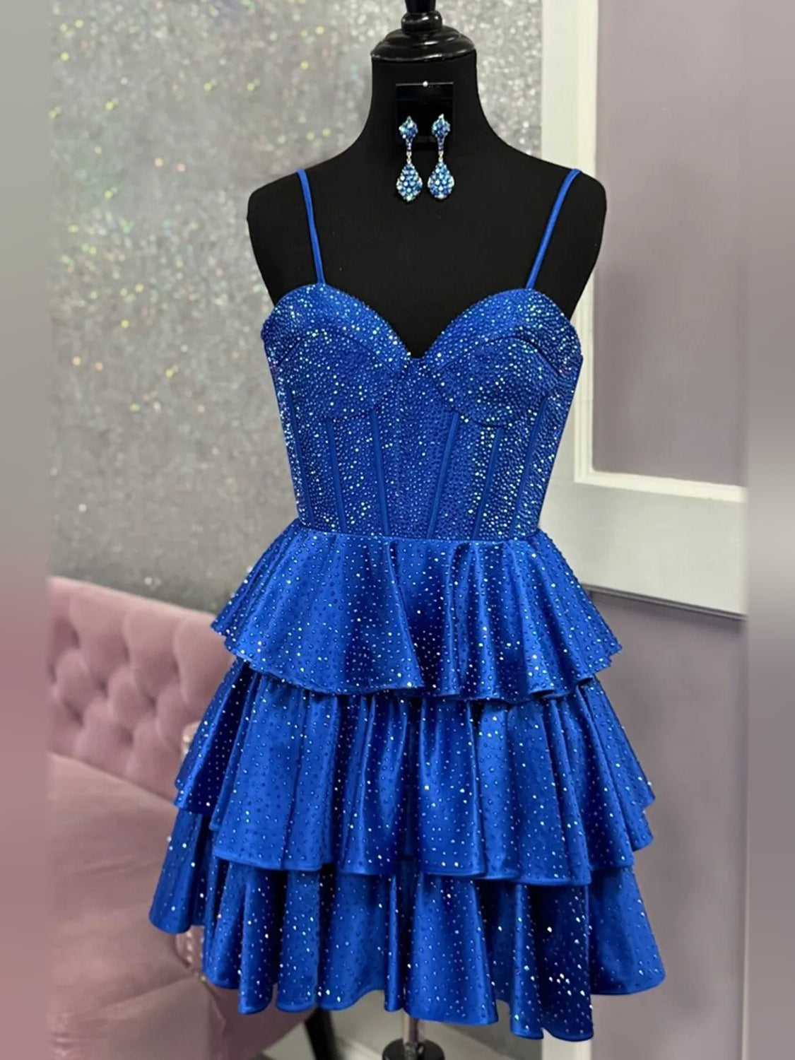 Cobalt Blue mini homecoming dress, alternate view showing the overall dress design