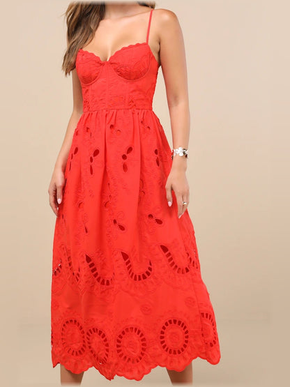 Red midi formal dress with embroidery, alternate view showing the waist