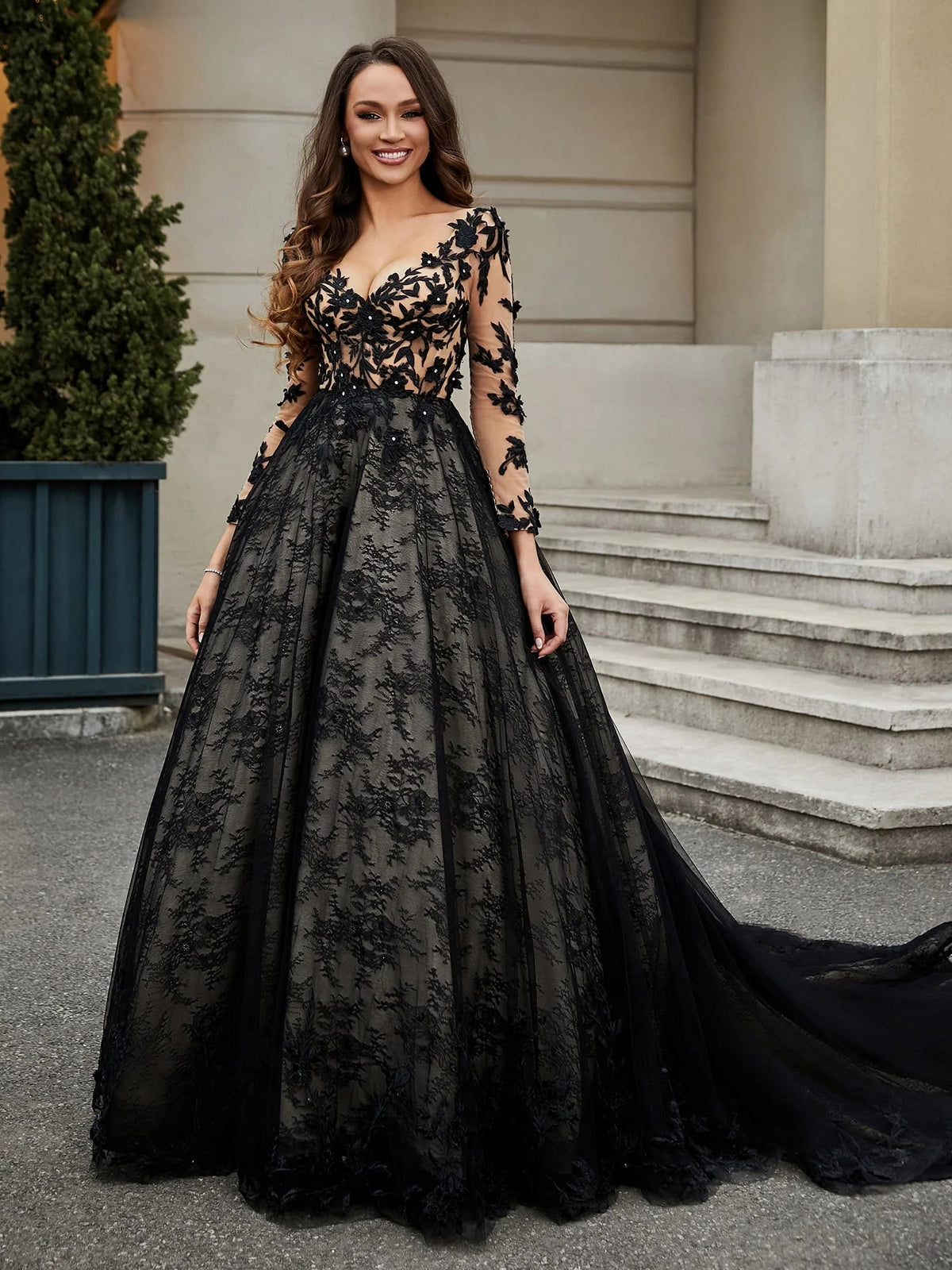 Black floor-length wedding dress, alternate view showing the overall dress design