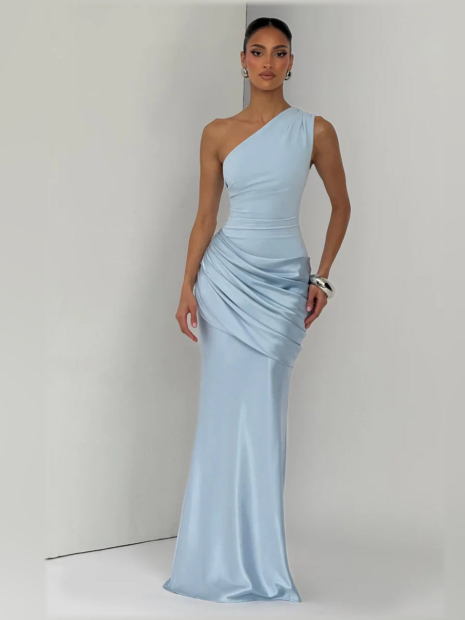 Light Blue mermaid floor-length formal dress with draping, alternate view showing the waist