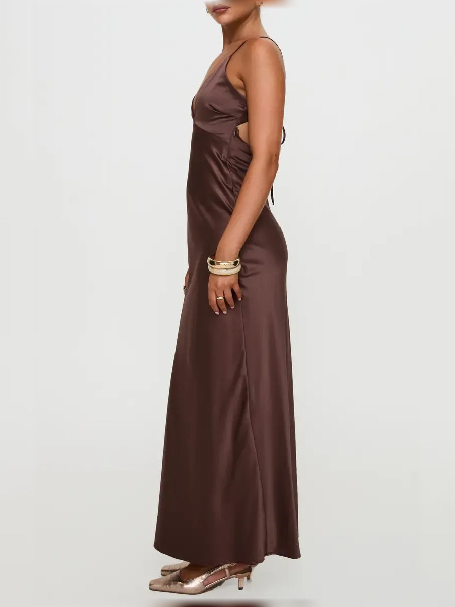 Chocolate floor-length formal dress with draping, alternate view showing the waist
