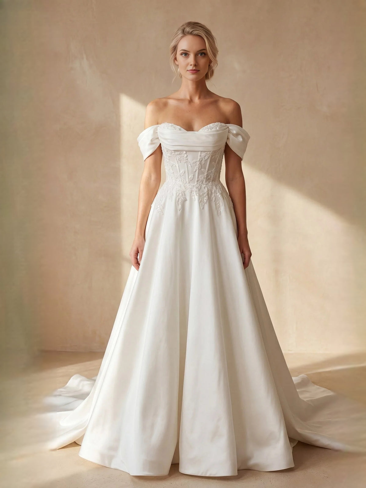 Ivory short wedding dress, alternate view showing the overall dress design