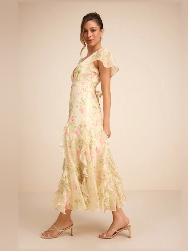 Light Green Floral midi formal dress with ruffle details, alternate view showing the waist