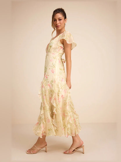 Light Green Floral midi formal dress with ruffle details, alternate view showing the waist