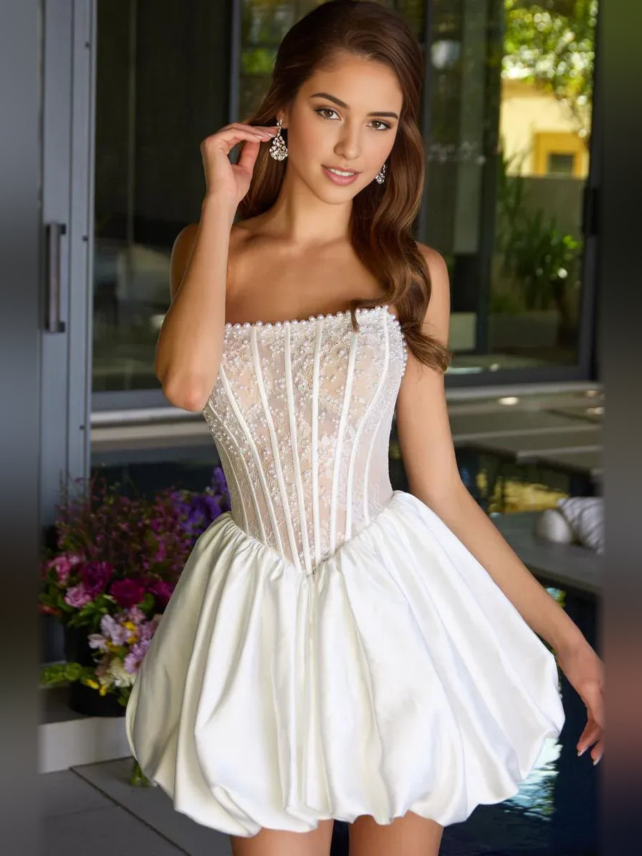 White mini homecoming dress, alternate view showing the overall dress design