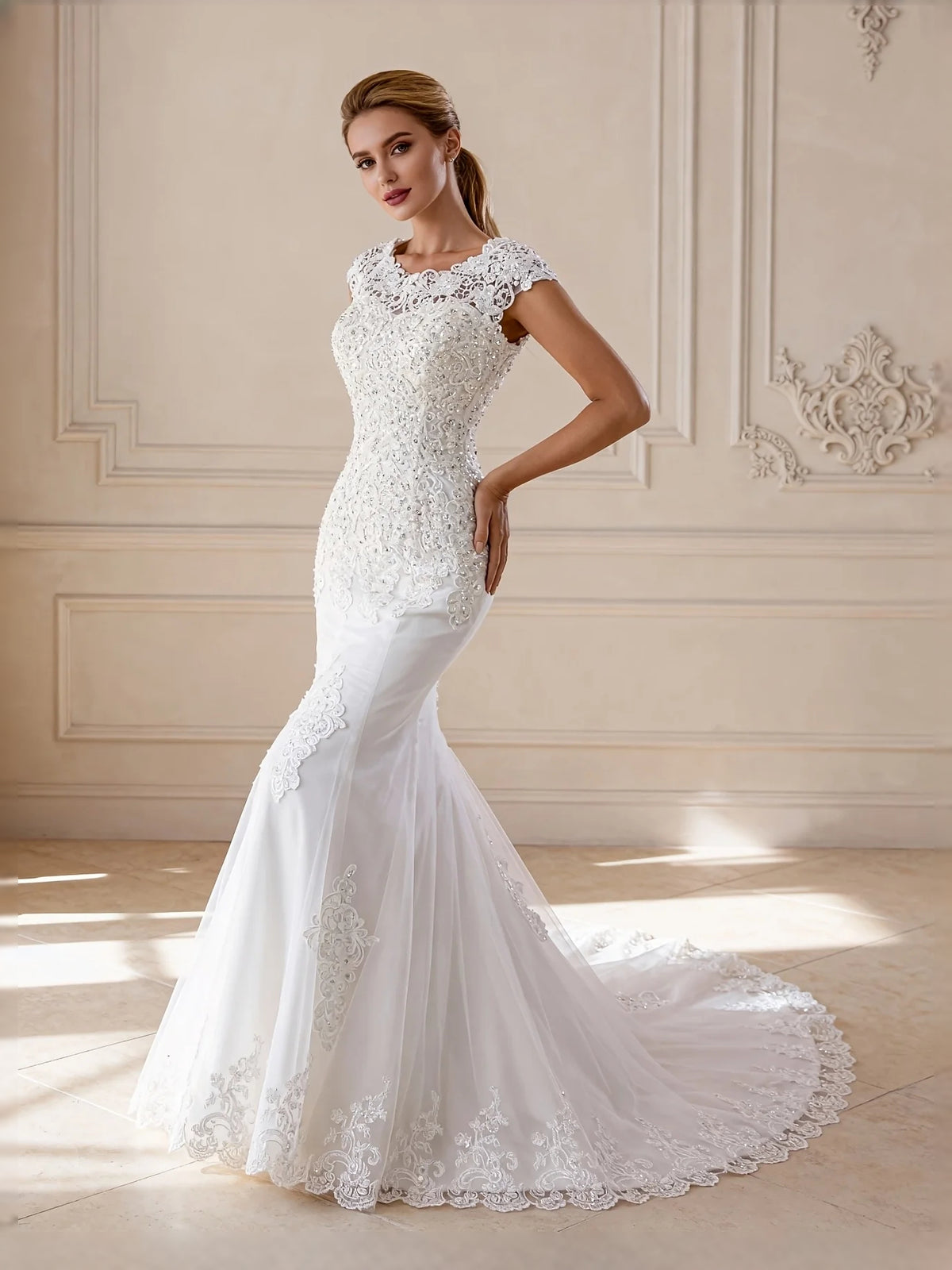 Ivory floor-length wedding dress, alternate view showing the overall dress design