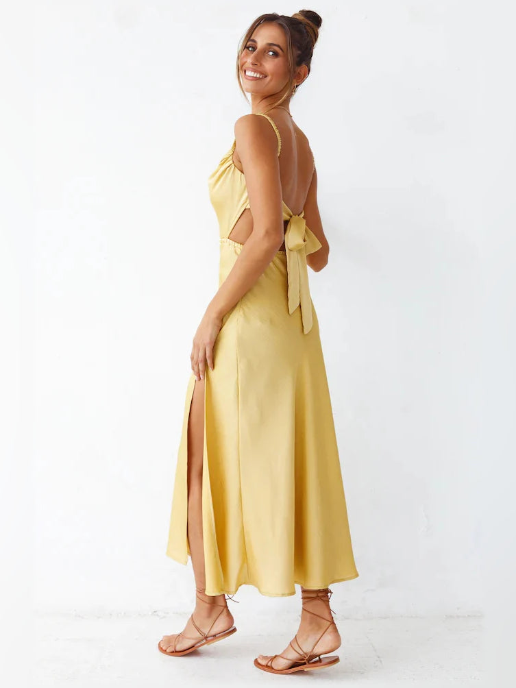 Yellow midi formal dress with cutout detail, alternate view showing the waist