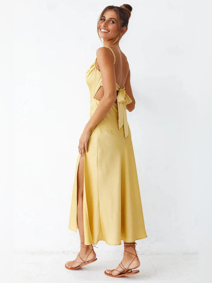 Yellow midi formal dress with cutout detail, alternate view showing the waist