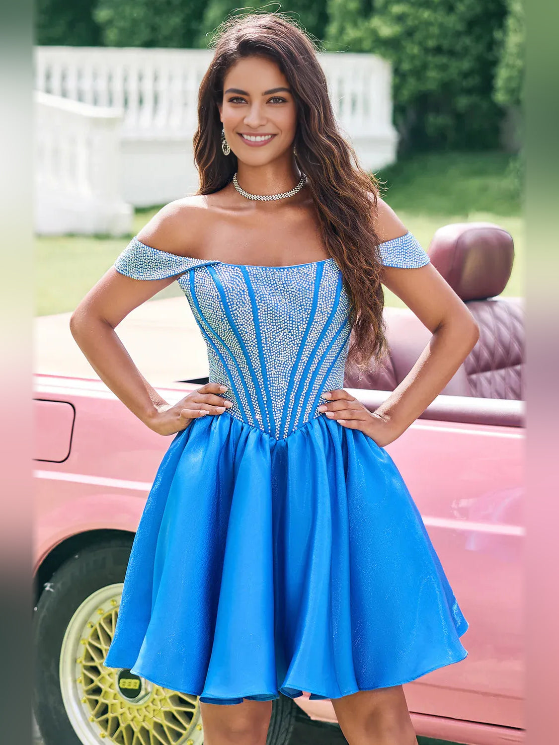 Ocean Blue mini homecoming dress, alternate view showing the overall dress design