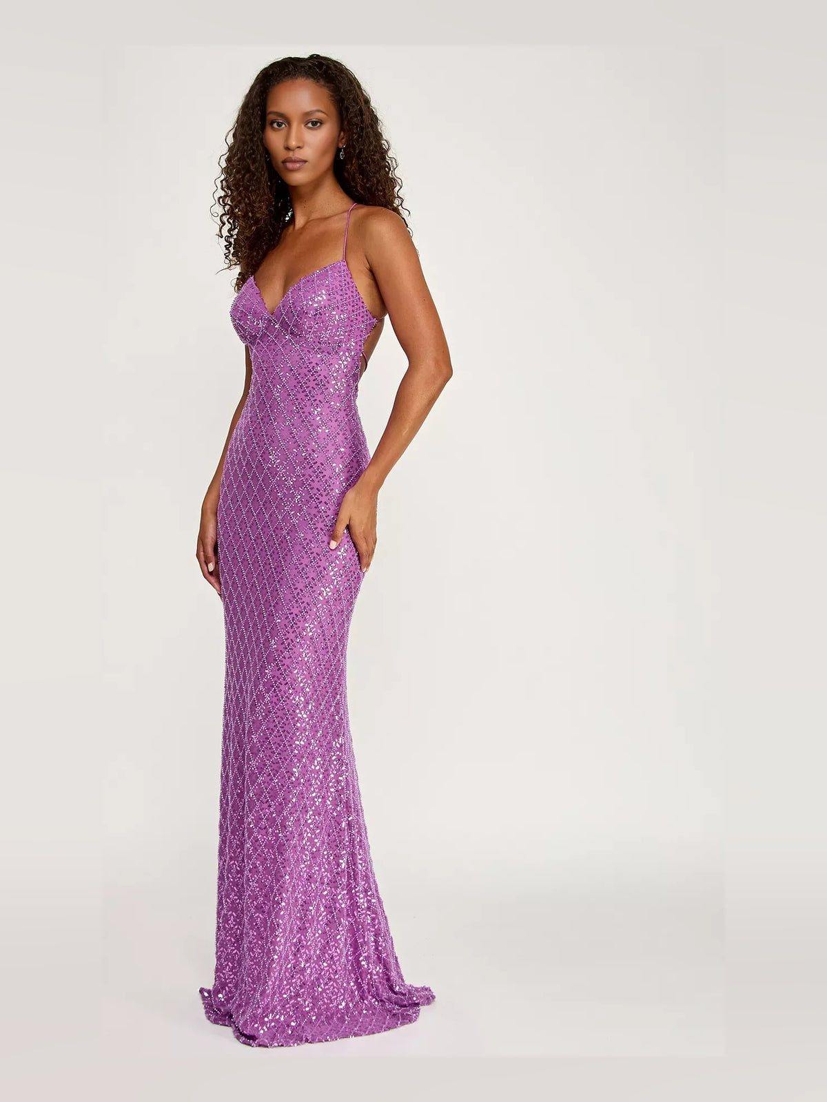 Orchid mermaid floor-length formal dress with sequins, alternate view showing the waist