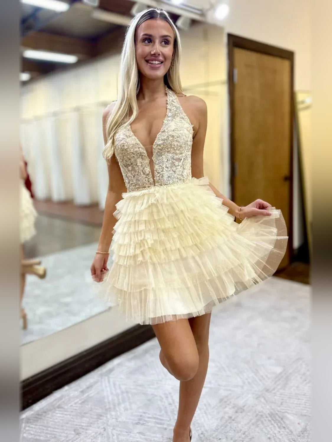 Sky Blue mini homecoming dress, alternate view showing the overall dress design