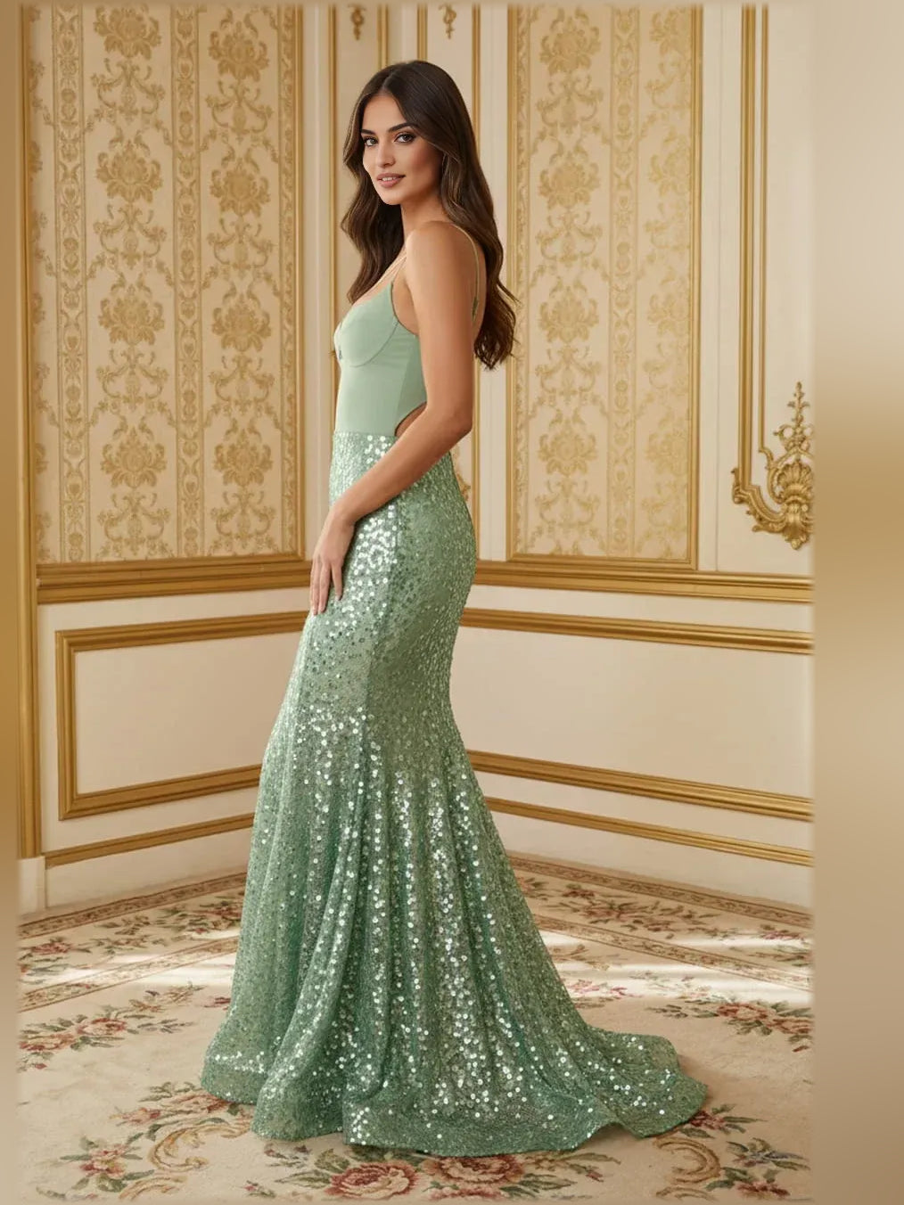Yellow mermaid floor-length formal dress with corset-style bodice, alternate view