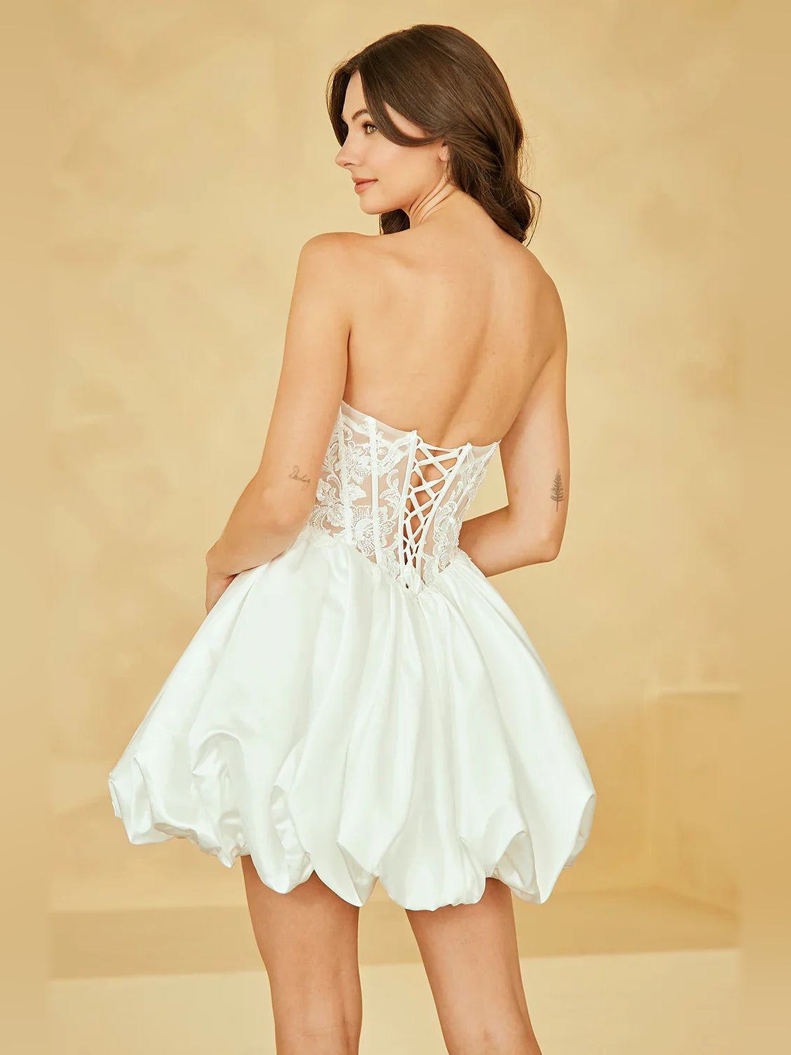 Ivory mini homecoming dress, alternate view showing the overall dress design