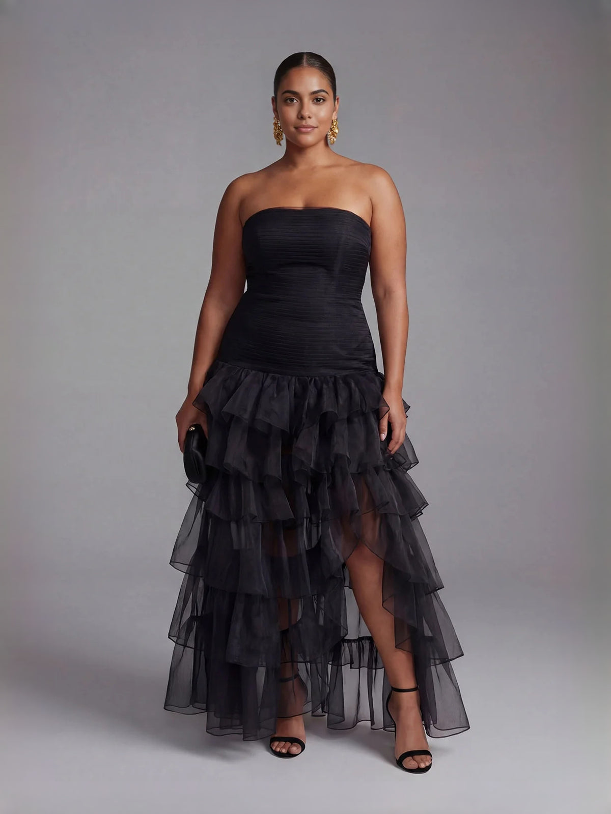 Black high-low prom dress, alternate view showing the overall dress design