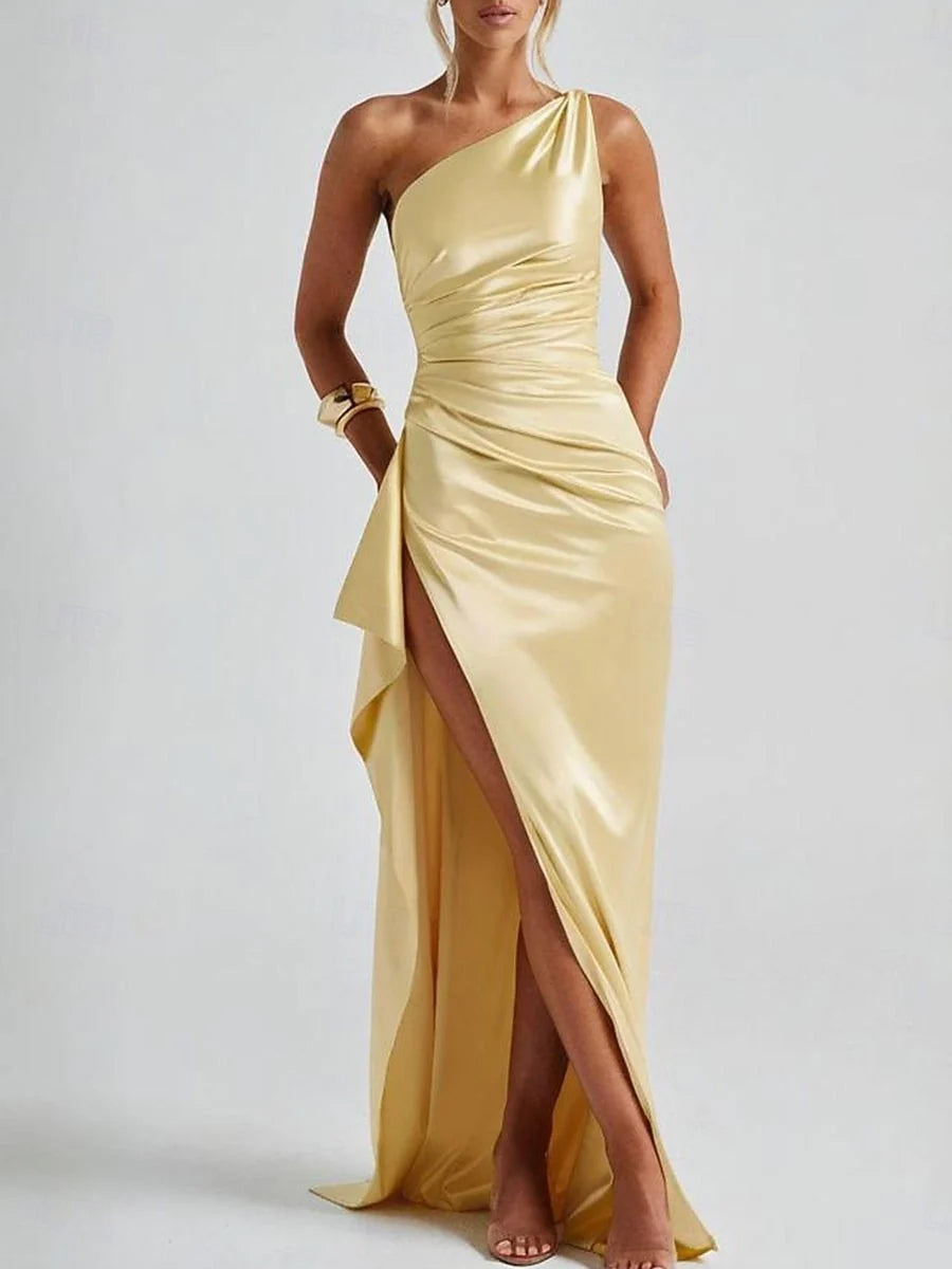 Canary floor-length prom dress, back view showing the rear of the dress in an additional pose