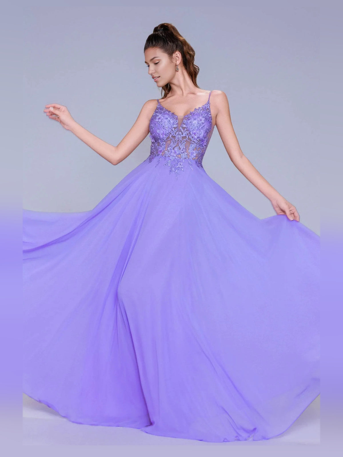 Periwinkle floor-length prom dress, back view showing the rear of the dress from another angle