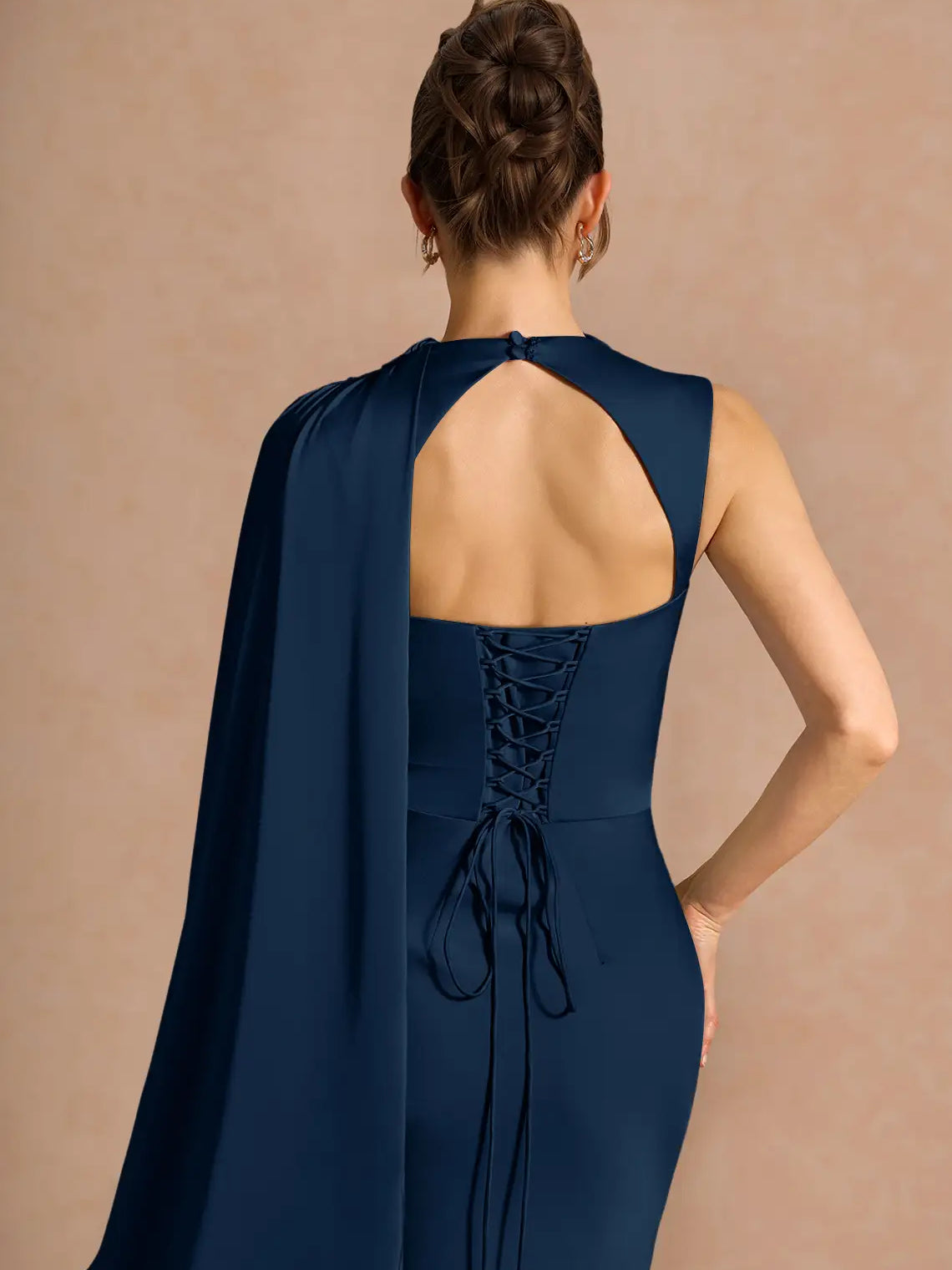 Navy Blue mermaid floor-length formal dress with draping, alternate view showing the waist