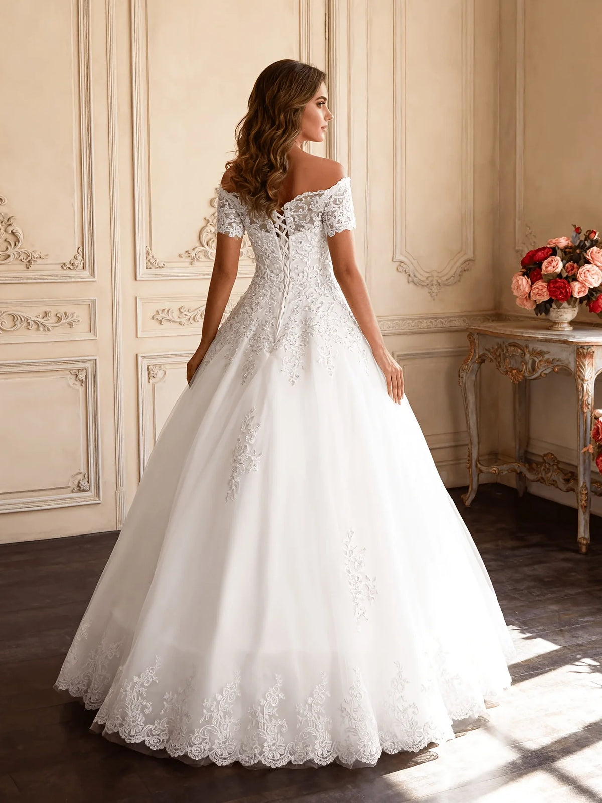 Ivory short wedding dress, alternate view showing the overall dress design