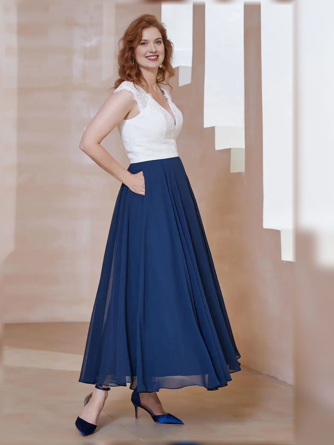 Navy Blue midi mother of the bride dress, alternate view showing the overall dress design