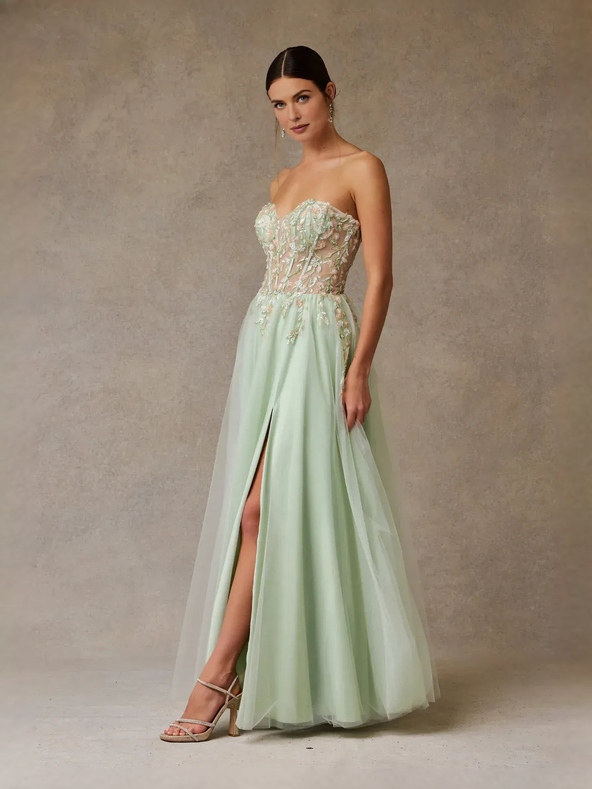 Celadon floor-length prom dress, alternate view showing the overall dress design