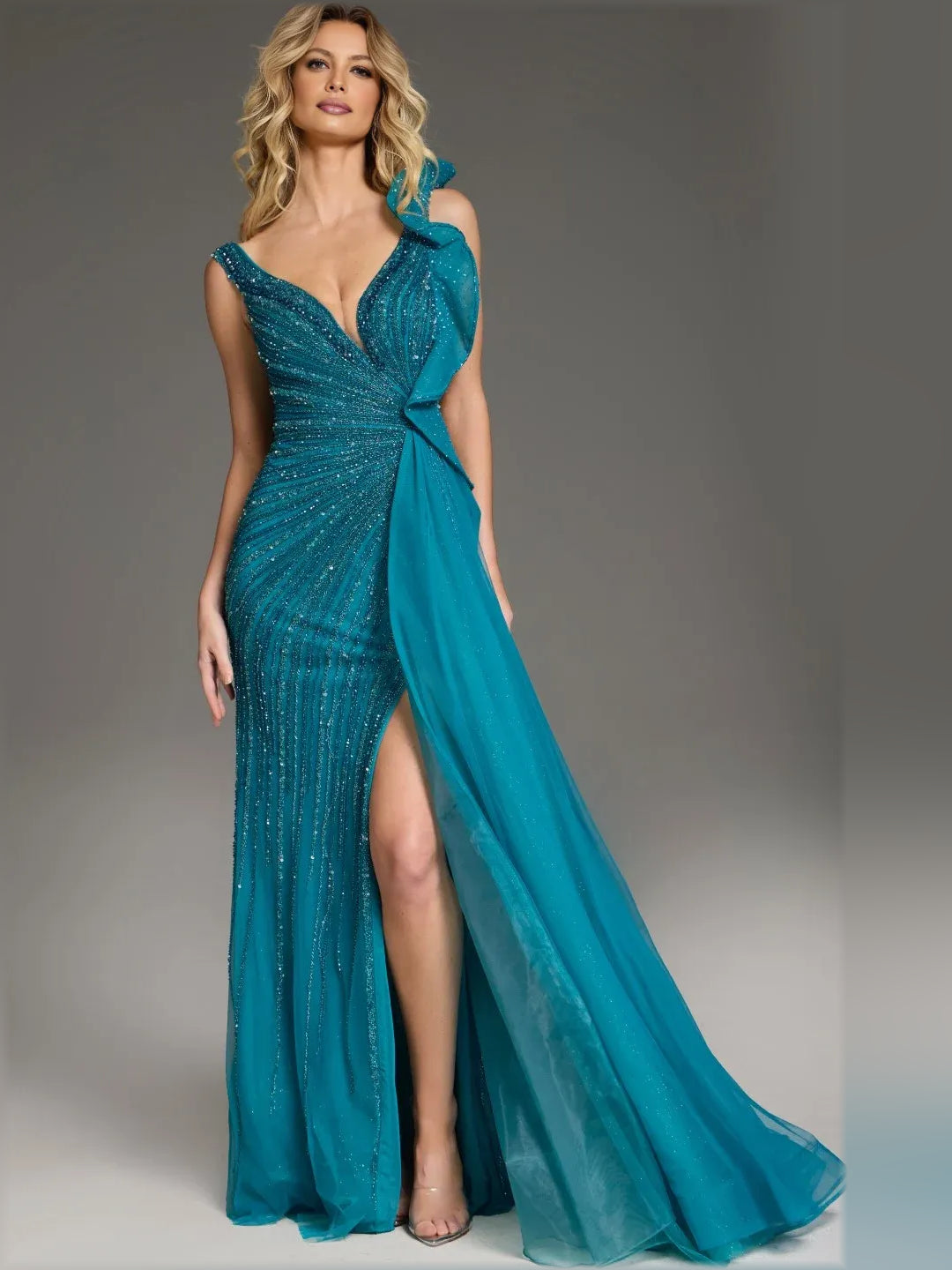 Teal mermaid floor-length formal dress with draping, alternate view