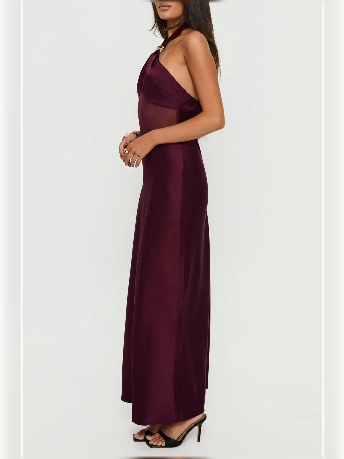 Plum bodycon floor-length formal dress with draping, alternate view