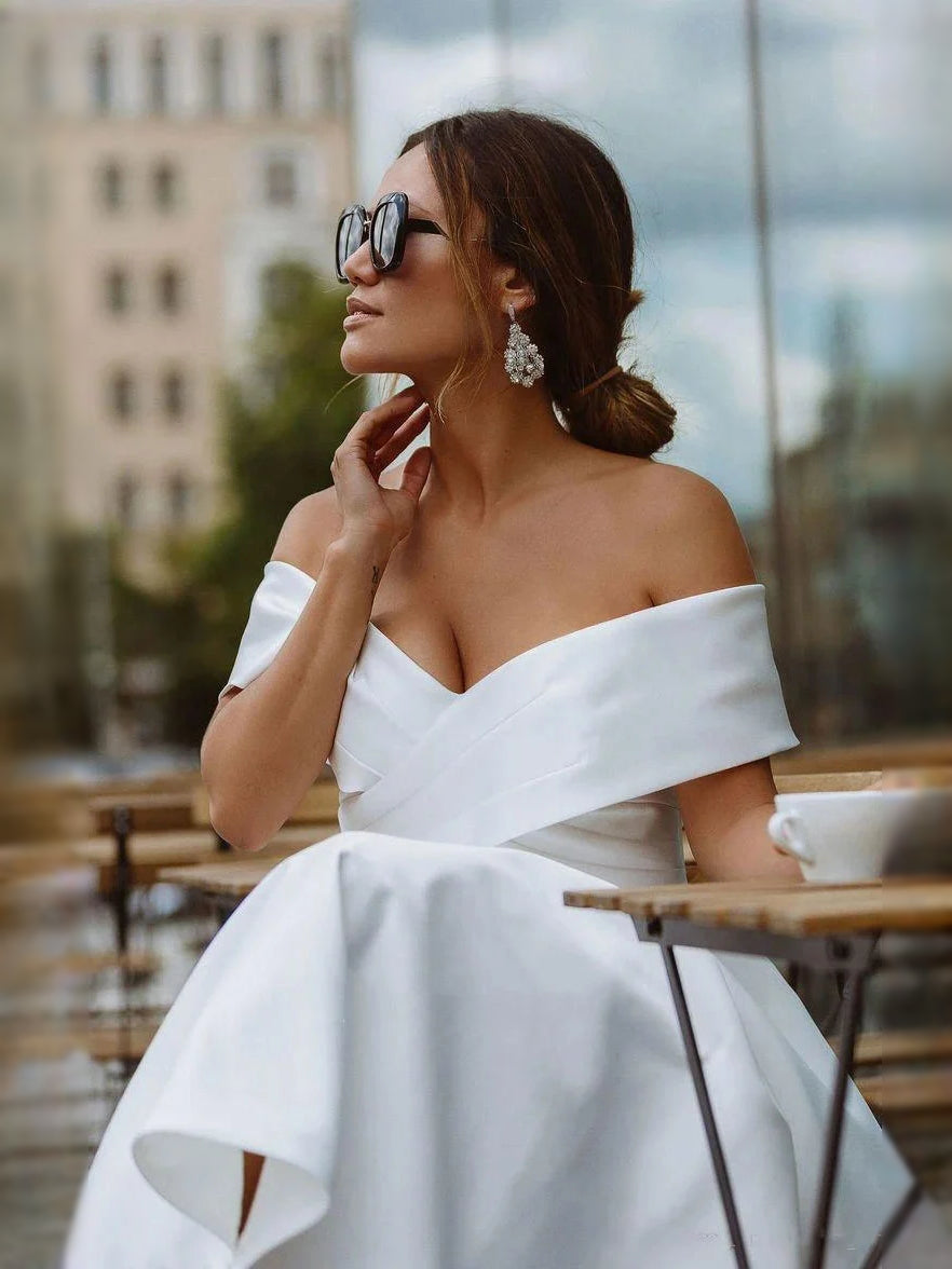 White short wedding dress, alternate view showing the overall dress design