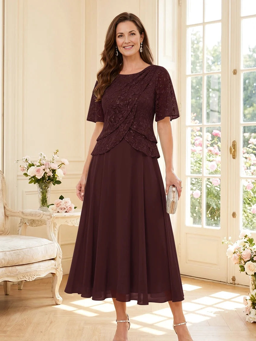 Deep Purple tea-length mother of the bride dress, alternate view showing the overall dress design
