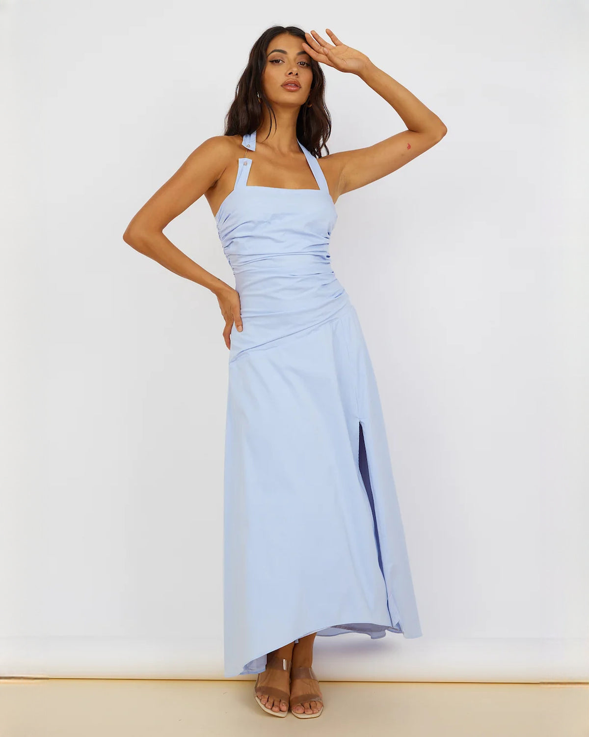 sleeveless structured satin a-line maxi bridesmaid dress - image 4