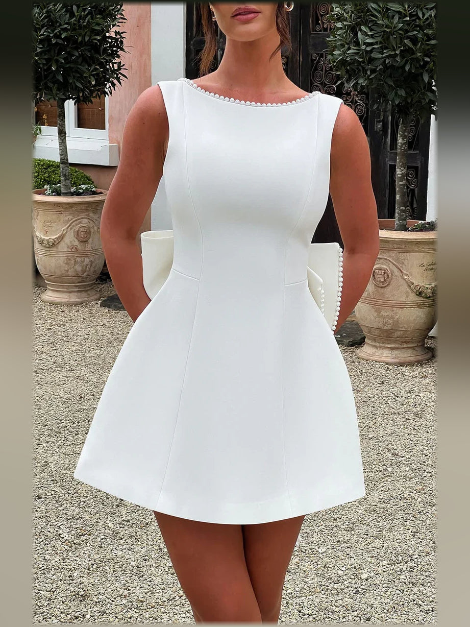 White a-line mini formal dress with ruching, alternate view