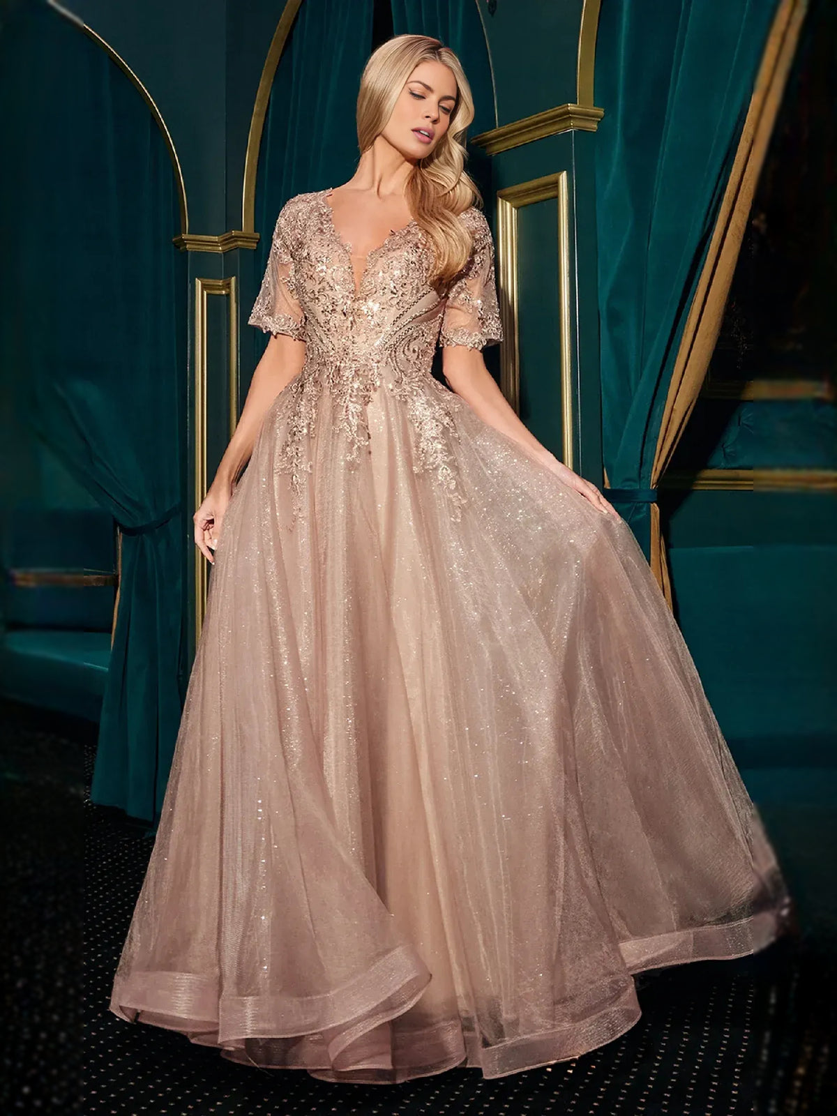 Nude a-line maxi formal dress with draping, alternate view showing the waist