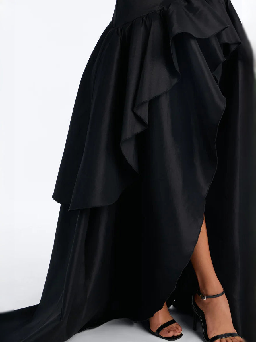 Black high-low prom dress, alternate view showing the overall dress design
