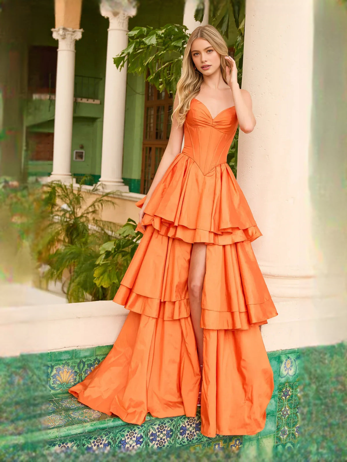 Orange high-low prom dress, alternate view showing the overall dress design