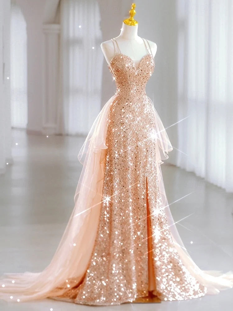 Gold floor-length prom dress, alternate view showing the overall dress design