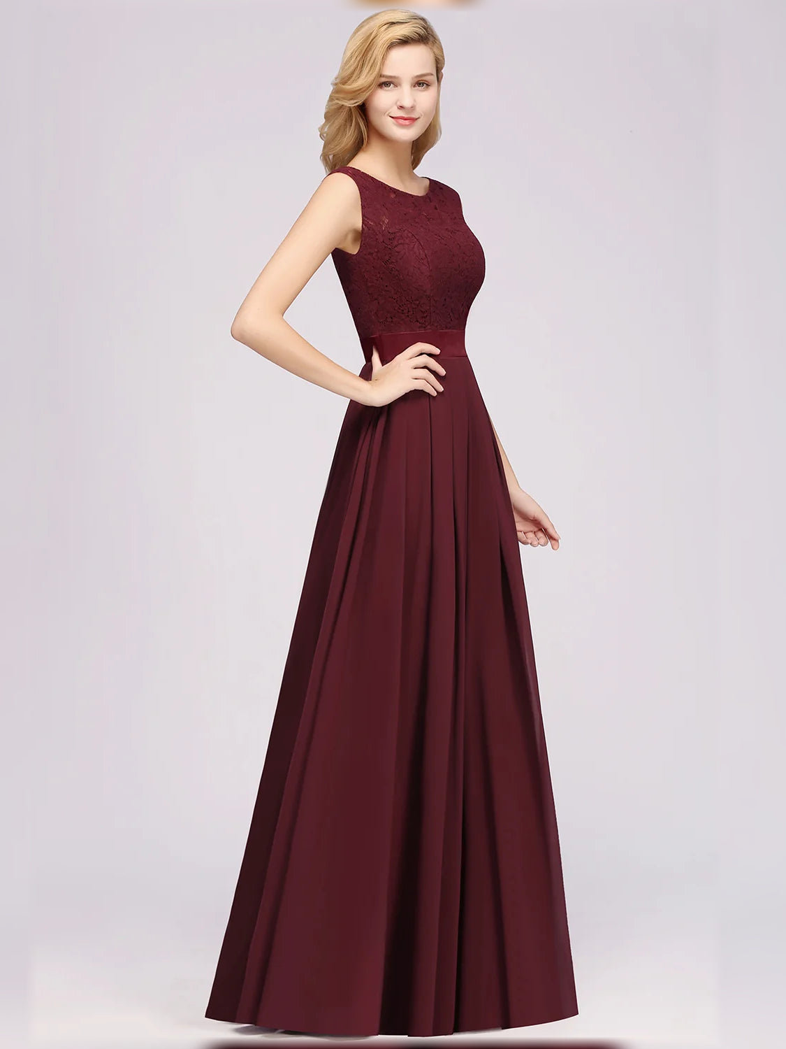 Burgundy floor-length bridesmaid dress, alternate view showing the overall dress design