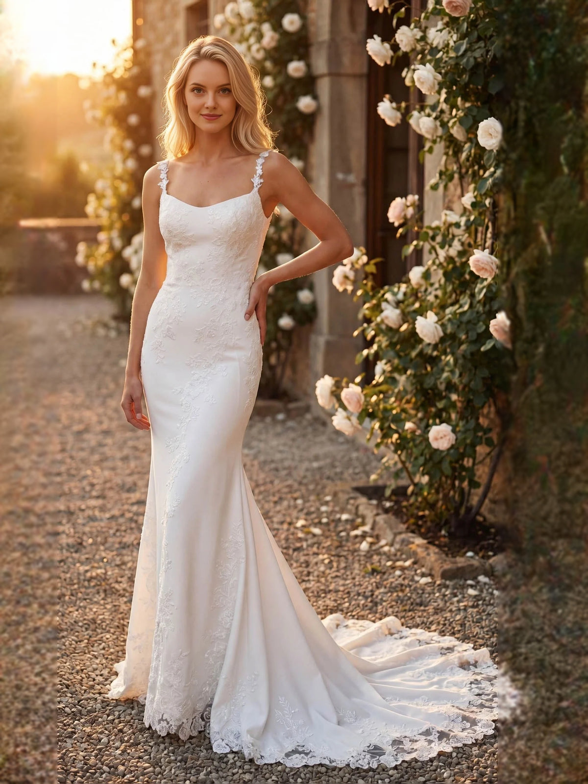 Ivory floor-length wedding dress, alternate view showing the overall dress design