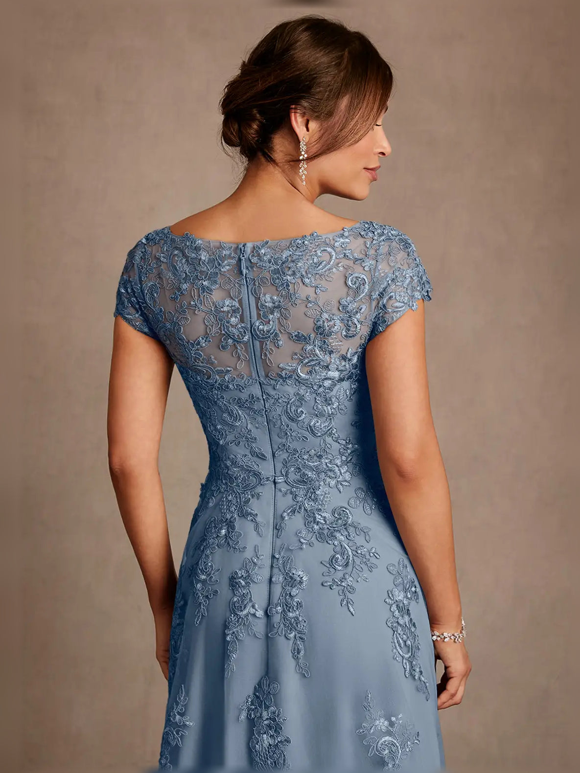 Slate Blue midi mother of the bride dress, alternate view showing the overall dress design