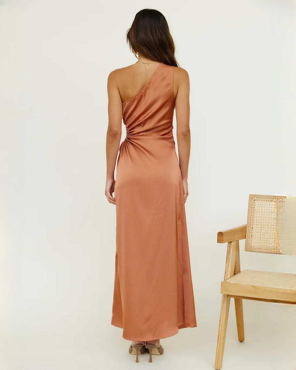 sleeveless satin a-line maxi bridesmaid dress - image 4