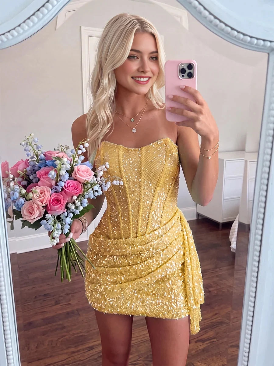 Champagne Gold mini homecoming dress, alternate view showing the overall dress design
