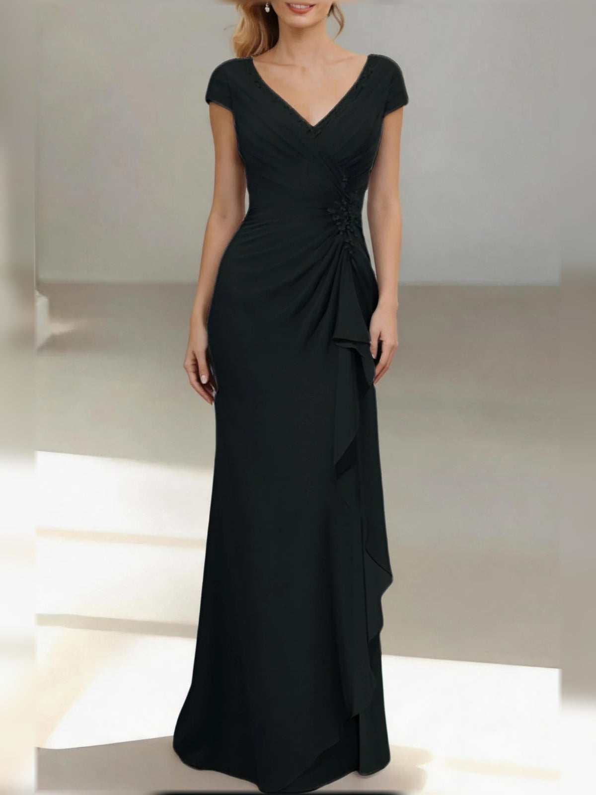 Black floor-length mother of the bride dress, alternate view showing the overall dress design