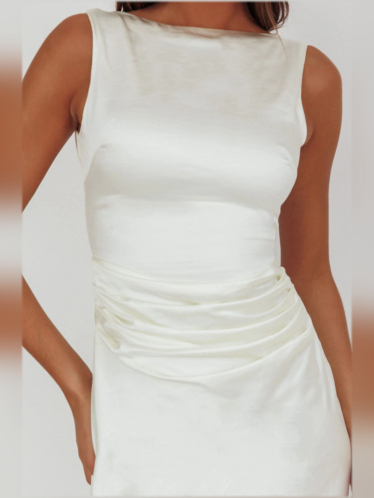 White midi formal dress, alternate view showing the waist