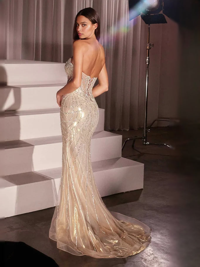 Champagne mermaid floor-length formal dress with corset-style bodice, alternate view