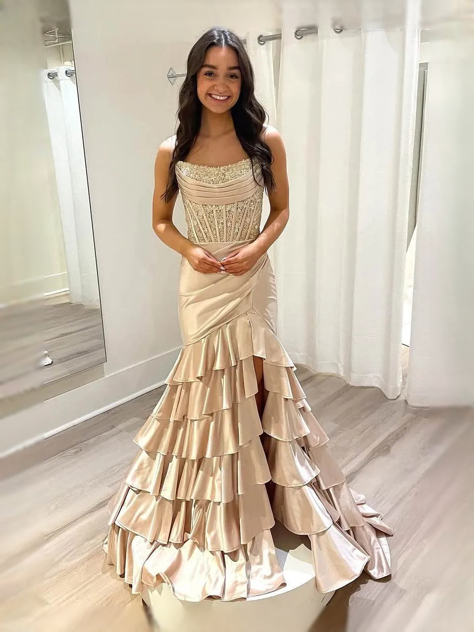 Champagne floor-length prom dress, alternate view showing the overall dress design