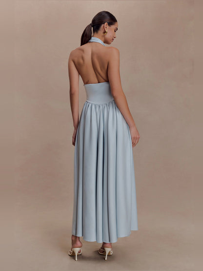 Blue midi formal dress with halter neckline, alternate view showing the waist