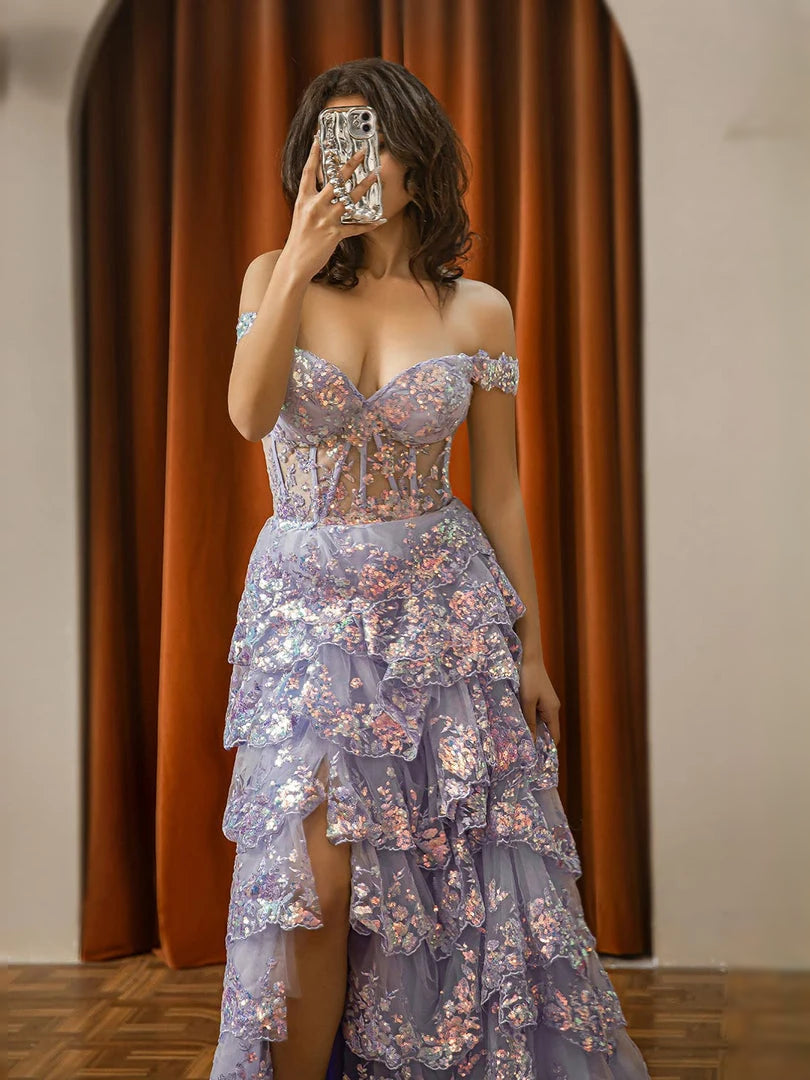 Lilac floor-length prom dress, alternate view showing the overall dress design