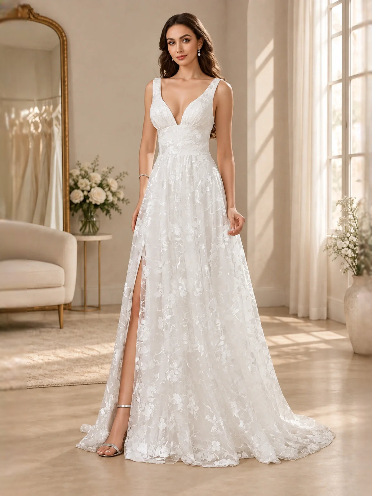 Ivory floor-length wedding dress, alternate view showing the overall dress design