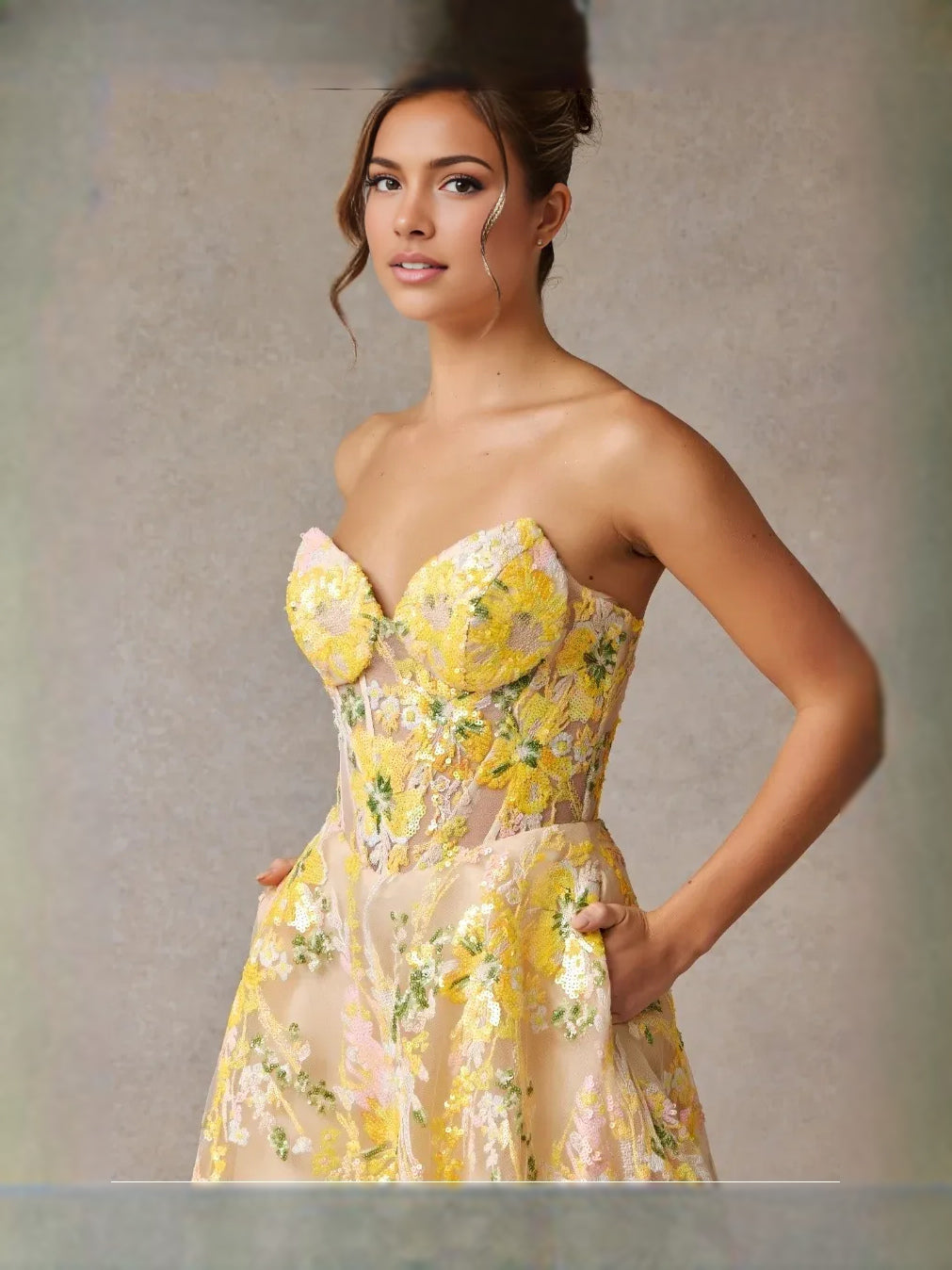 Yellow floor-length prom dress, alternate view showing the overall dress design