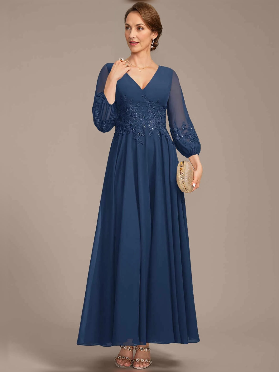 Dark Blue floor-length mother of the bride dress, alternate view showing the overall dress design