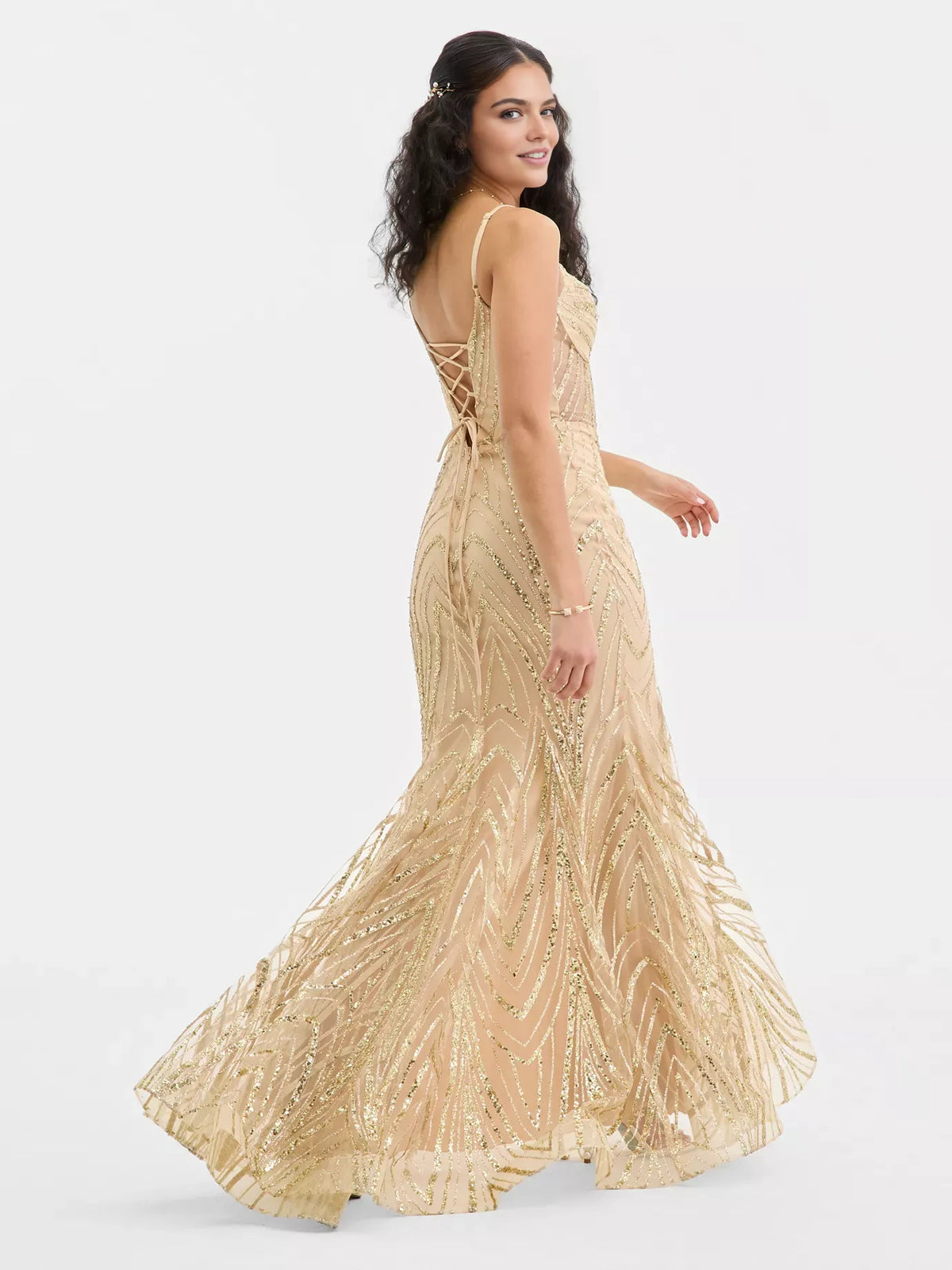 Gold maxi prom dress, alternate view showing the overall dress design